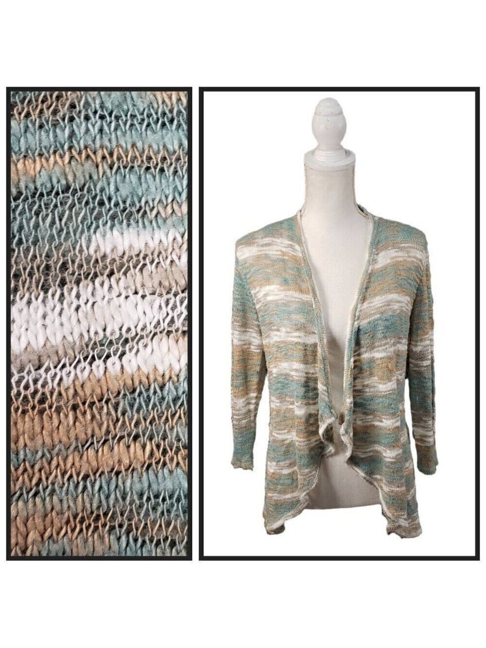 CB established 1962 Large Open Knit Cardigan Blue Tan Lightweight Boho